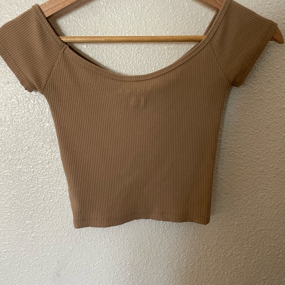 American Eagle Outfitters Tan Ribbed Crop Top Babydoll Tee Size XS - Picture 3 of 3